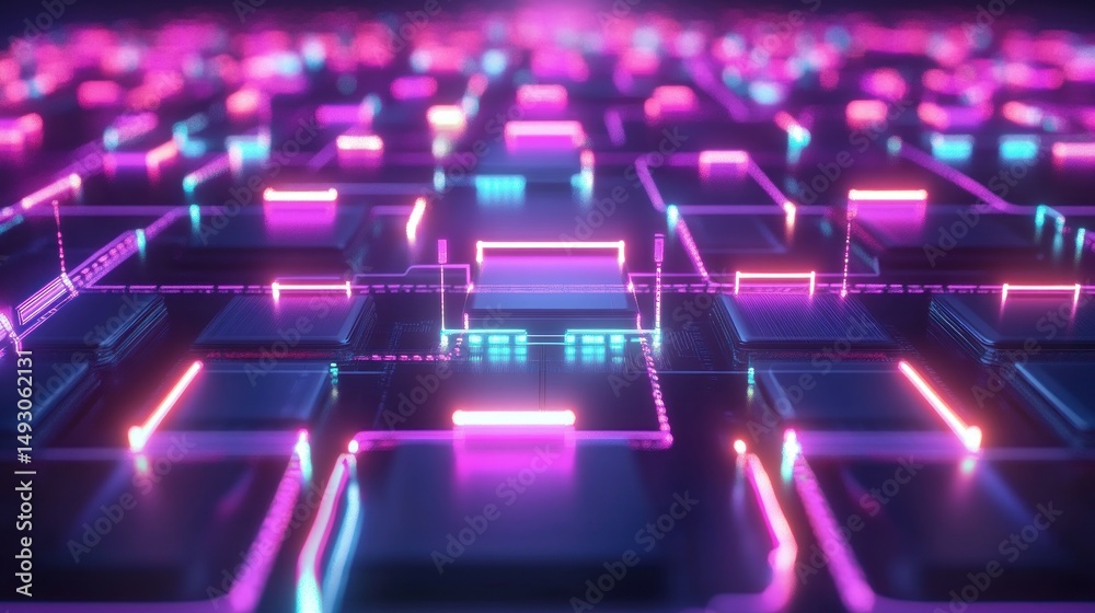 Fototapeta premium Abstract digital grid with vibrant neon lights