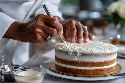 A skilled baker carefully decorates a cake with intricate icing, showcasing artistry and passion in baking, as well as the joy of creating delightful edible masterpieces.