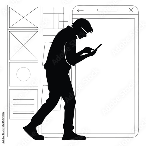 Silhouette of a person using a smartphone while conceptualizing UI designs