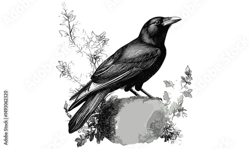 Gothic Style Raven Illustration, Vintage Monochrome Etching, Old Engraving Style Artwork, Scientific Bird Drawing, Dark Aesthetic Wall Decor, Antique Sketch, Trendy Nature Art