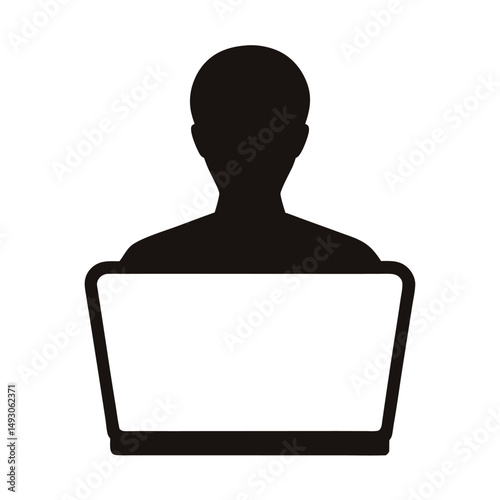 Silhouette of a person working at a laptop on a white background