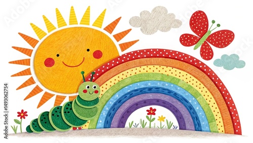 Rainbow Wonderland: A whimsical illustration depicts a cheerful caterpillar journeying along a vibrant rainbow, under a smiling sun and fluttering butterfly.