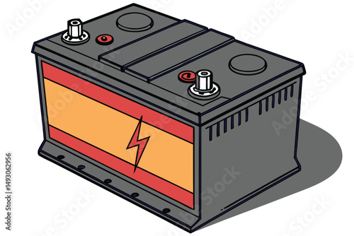 76 a dark metal battery with bright orange and red bands, sleek industrial design, high contrast, sharp details, 3d render