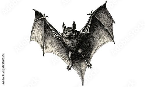 Vintage wildlife etching, retro engraving of bat in flight, monochrome mammal line art, rustic fauna drawing, detailed nature illustration, antique animal print black sketch