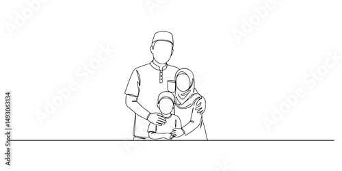 Continuous one line drawing of a man hugging his family, symbolizing togetherness and warmth of family on Eid, Islamic holidays, Eid al-Fitr, Eid al-Adha, Maulid Nabi, Isra Miraj, and Nuzulul Quran.