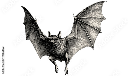 Monochrome mammal line art, vintage wildlife etching, retro bat in flight engraving, detailed nature illustration, rustic fauna drawing, antique animal print black sketch, trendy vintage wildlife