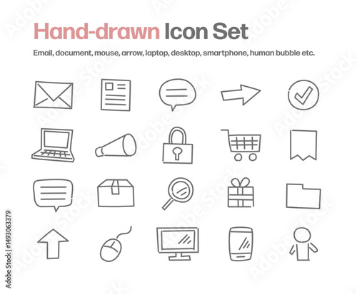 フリーハンド手書きアイコンセット：Email,書類,パソコン,吹き出し,マウス,セキュリティ,通販,スマホ等