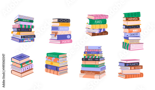 Stacks and piles of books, education literature, dictionaries, novels. Isolated flat illustrations for Back to School, book club or fair, bookcrossing and bookstore concepts. Vector clipart.