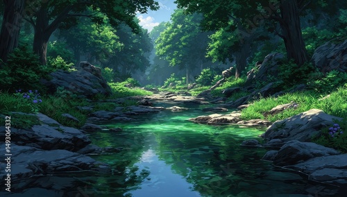 Pixelated Forest Stream Scene with Lush Green Trees and Sunlight in Tranquil Nature Environment
