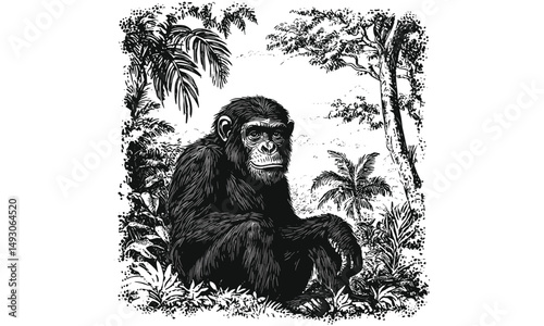 Antique Jungle Chimpanzee Drawing, Vintage Animal Sketch, Retro Wildlife Line Art, Rustic Nature Etching, Monochrome Fauna Illustration, classic primate ink artwork, detailed forest mammal print
