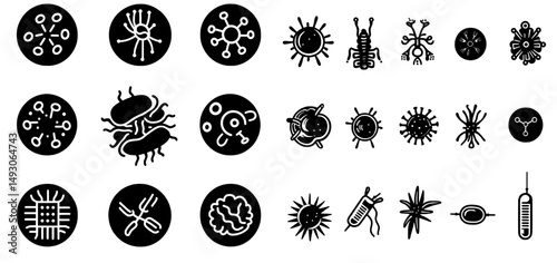 A silhouette germ, including viruses, bacteria, fungi, amoebas, and protozoa, is a modern icon