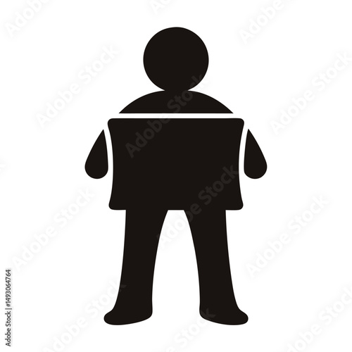 Simple stick figure holding a rectangular sign or banner looking straight ahead