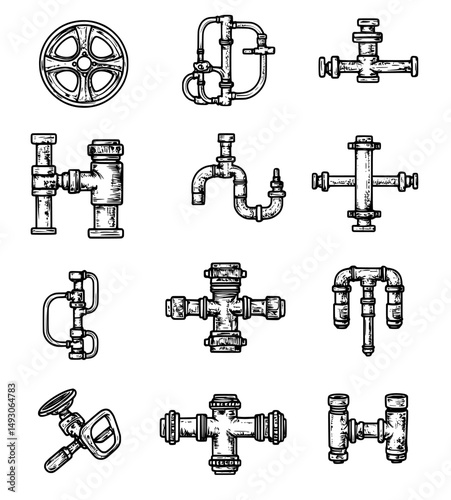 The combination of pipe icon, flange fitting, control valve, and pressure gauge is used for pipeline construction, transporting liquids or gases such as oil and natural gas, and in applications