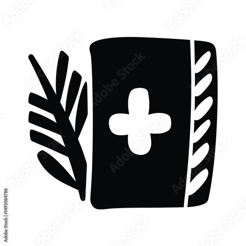 Simple vector icon of a medical book and plant in black color