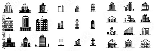 Building silhouette icons represented in a modern illustration symbol set