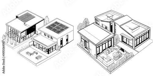 The isometric icon set depicts a connected cottage that has one storey and a flat roof