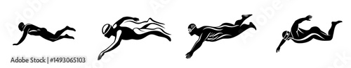 A lone swimmer icon is depicted, shown as a black silhouette of a man swimming in the waves, symbolizing concepts such as swimming pools, summer competitions, and more