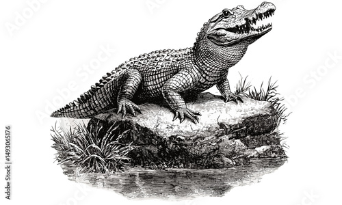 Vintage crocodile engraving on riverbank, monochrome reptile line art, rustic fauna drawing, detailed nature illustration, antique animal print, old engraving style, wildlife sketch