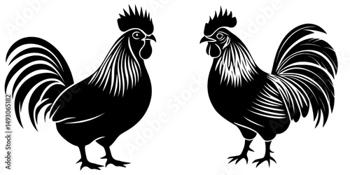 The image is a modern illustration of a rooster in a black silhouette, posed on one leg, isolated on white