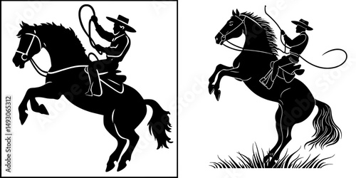 A cowboy silhouette with a lasso rope on a horse is depicted in a modern illustration isolated on white for a western or rodeo themed design