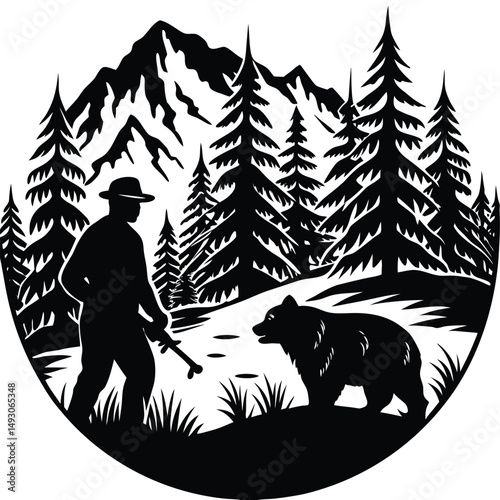 Grizzly Bear Encounter A Black and White Illustration of a Hunter and a Bear in a Mountain Forest