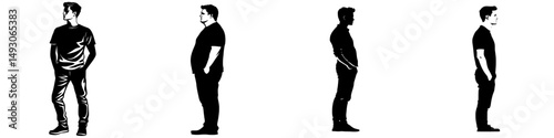 A man is shown standing in a side view, presented as a modern silhouette isolated from the background