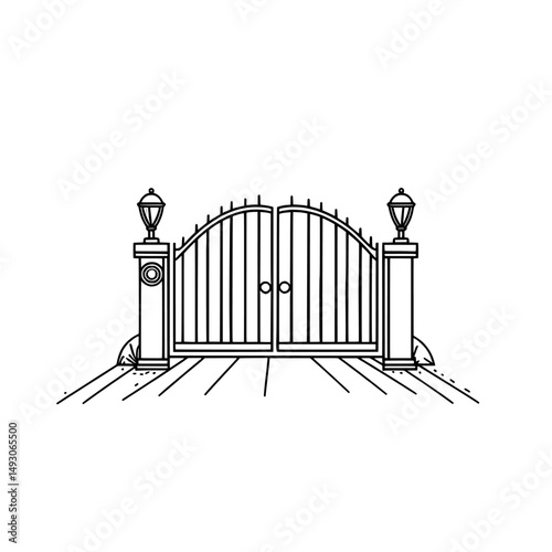 The icon of a decorative gate is presented as a modern line sign, featuring a linear colorful pictogram isolated on white, which serves as a symbol for a park fence in the form of a logo illustration