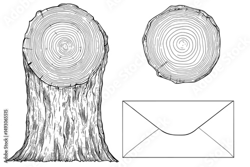 The annual rings of a saw-cut tree trunk are illustrated in monochrome, presented in a modern style