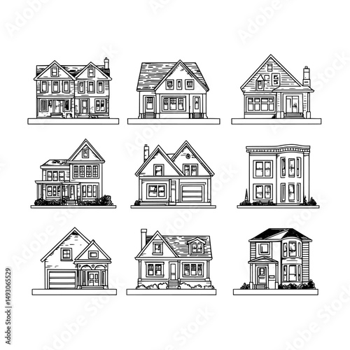 The illustration set consists of front views of different types of houses, such as cottages, town houses, and urban and suburban homes, in a modern style