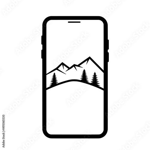 The design element features a black mobile phone icon in minimalist style, isolated on a white background, embodying a simple smartphone silhouette for modern web and app design purposes