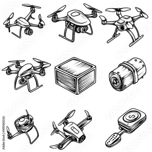 Flat line style icons of flying drones on a white background, including a quadcopter in an isolated set