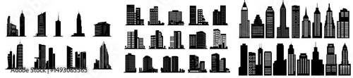 The illustration depicts city buildings in modern style, with black silhouettes of various architectural constructions, including skyscrapers and low-rise buildings, isolated on a white background,