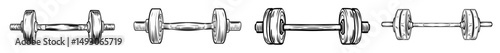 Fitness gym depicted in flat style with dumbbells, accompanied by a barbell illustration on a white isolated background, representing the concept of bodybuilding sport