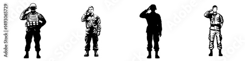 A black silhouette of a soldier saluting is set against a white background and is depicted wearing a hat
