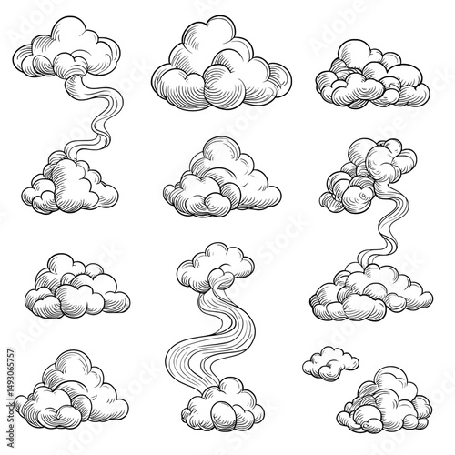 Steam icons are depicted as linear symbols of steam function in domestic and industrial appliances isolated on a white background, presented as a modern illustration with editable stroke