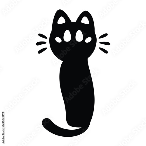 Stylized Black Cat with Unique Facial Features and Curled Tail Silhouette