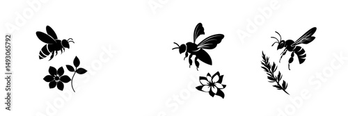 Silhouette of a flying honey bee, accompanied by a flower and the bee itself, forming a modern icon
