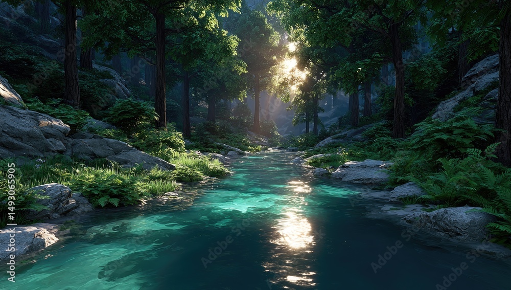 Naklejka premium Sunlit Forest Stream Flowing Through Green Foliage and Rocky Terrain