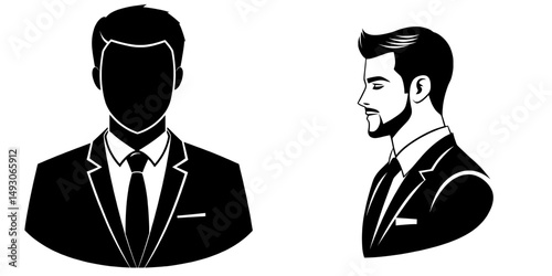 A modern illustration of a businessman icon, represented by a male face silhouette wearing an office suit and tie, suitable for a user avatar profile
