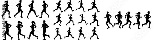 Figures in motion, contemporary solitary forms, are sprinting, males and females