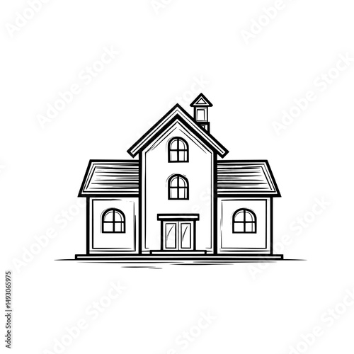 An illustration of a school building in flat design is combined with a modern depiction of college education, positioned on a white background that is isolated from other visuals, embodying the