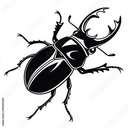 Stylized black stag beetle illustration against a bright white isolated background