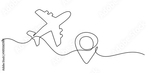 Airplane travelling continuous one line draw with map pin location, Continuous line drawing of aircraft flight routes and airport destinations. airplane line path icon of airplane flight route.