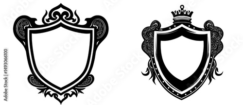A medieval knight or royal family's heraldic crest is represented by a coat of arms shield, featuring a vintage motif with filigree and leaf heraldry