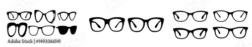 Black modern illustration set featuring glasses icons from various angles isolated on a white background