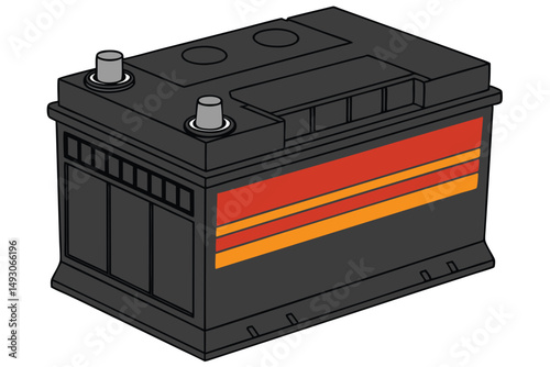 76 a dark metal battery with bright orange and red bands, sleek industrial design, high contrast, sharp details, 3d render