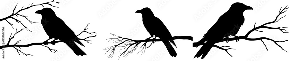 Fototapeta premium The silhouette of a raven perched on a bare branch is a modern design symbolizing the ominous and mysterious atmosphere of Halloween