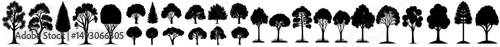 The modern silhouette of a tree is depicted against a backdrop of isolated forest trees on a white background