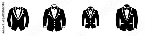 The concept of a Tuxedo is symbolized by a dinner jacket with a bow, often associated with a butler or gentleman, and typically represented by a black suit icon in modern flat style illustrations