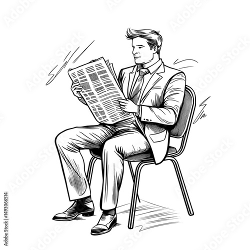 Modern cartoon depiction of a suited businessman sitting down to read the newspaper on a completely white isolated backdrop